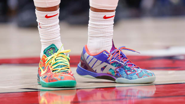 View of multi-color Nike Kobe shoes.